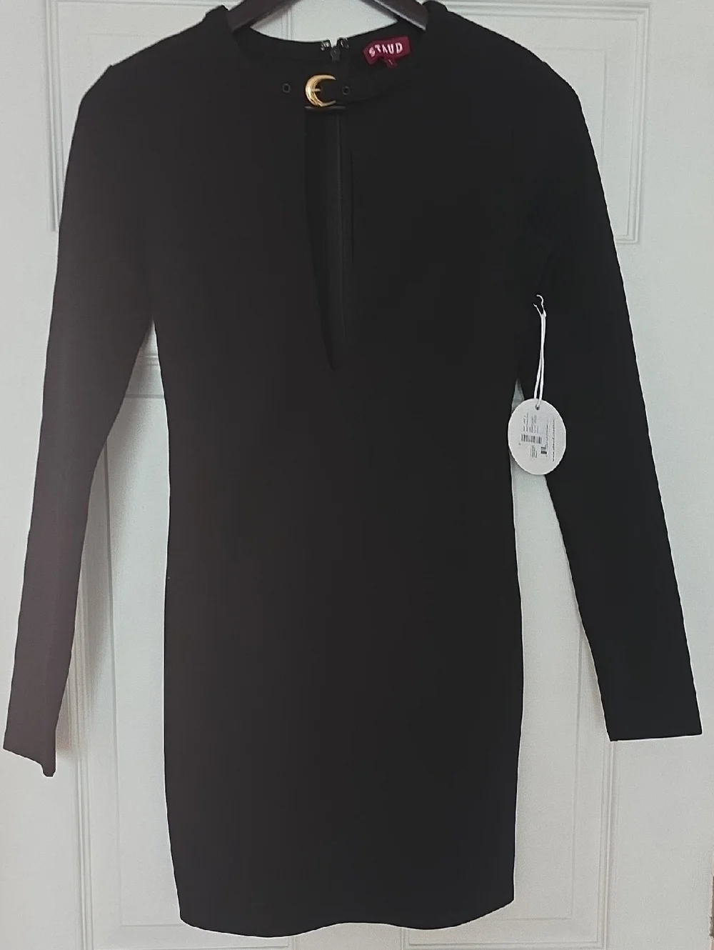 STAUD Black Long-Sleeve Mini Dress with Gold Crescent Detail - Picture 3 of 3